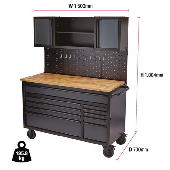 Draper 08242 bunker 10 drawer roller workstation with workbench 56 grey