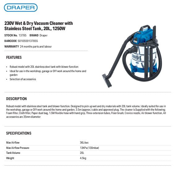 Draper 13785 Wet & Dry 20 litres Vacuum Cleaner Stainless Steel Tank, 1250W