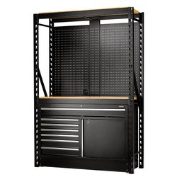 Draper 28005 bunker 14 piece modular storage combo 2 tier racking with hardwood shelving, pegboards and floor cabinet, 1500mm
