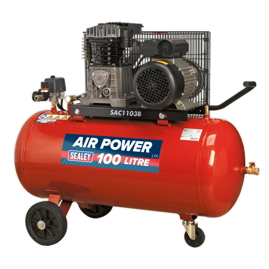 Sealey SAC1103B 100L Belt Drive Air Compressor 3hp with Cast Cylinders & Wheels100L Belt Drive Air Compressor 3hp with Cast Cylinders & Wheels